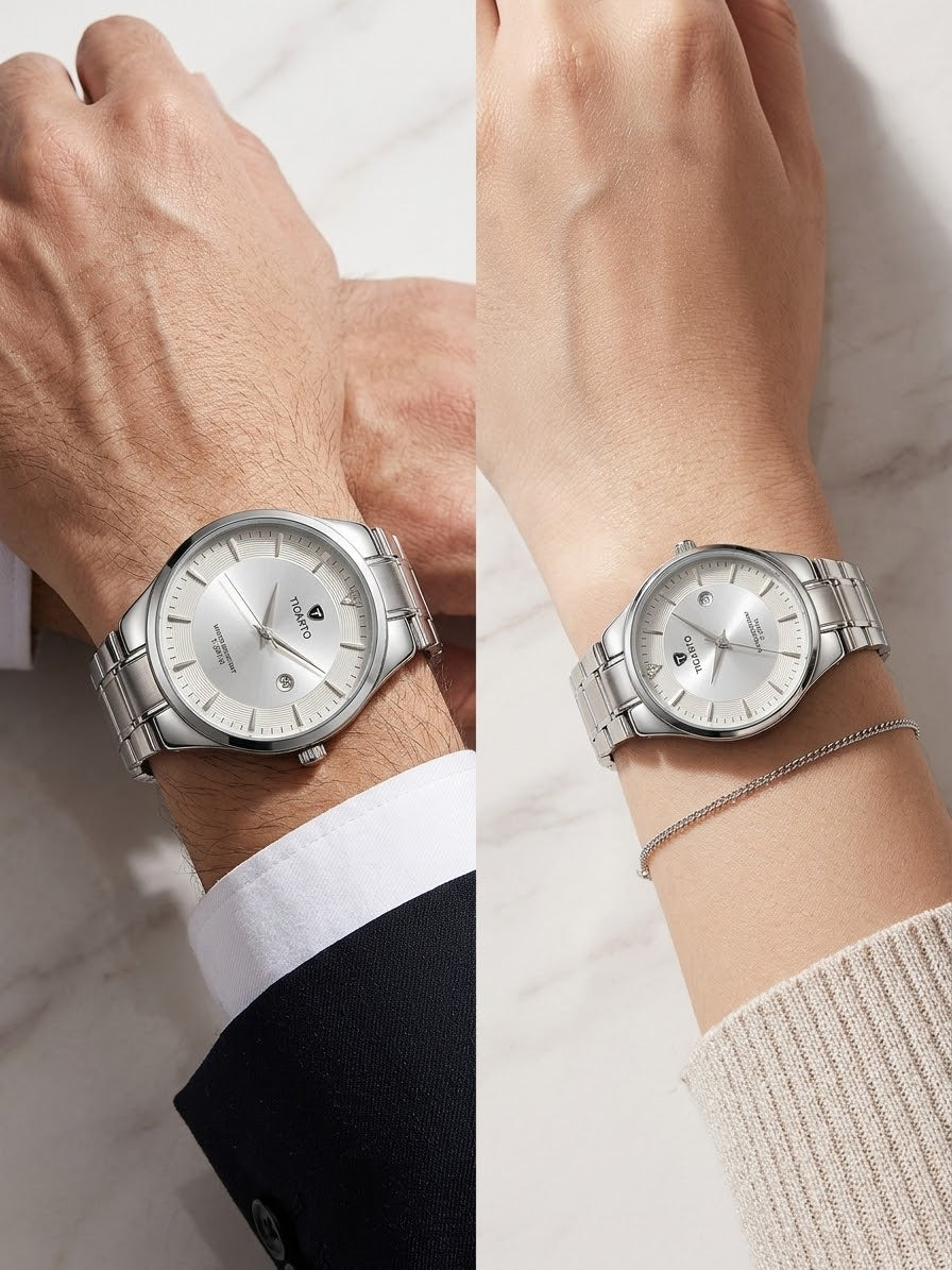TICARTO His & Hers Matching Couple Watches | Stainless Steel Luxury Pair Set