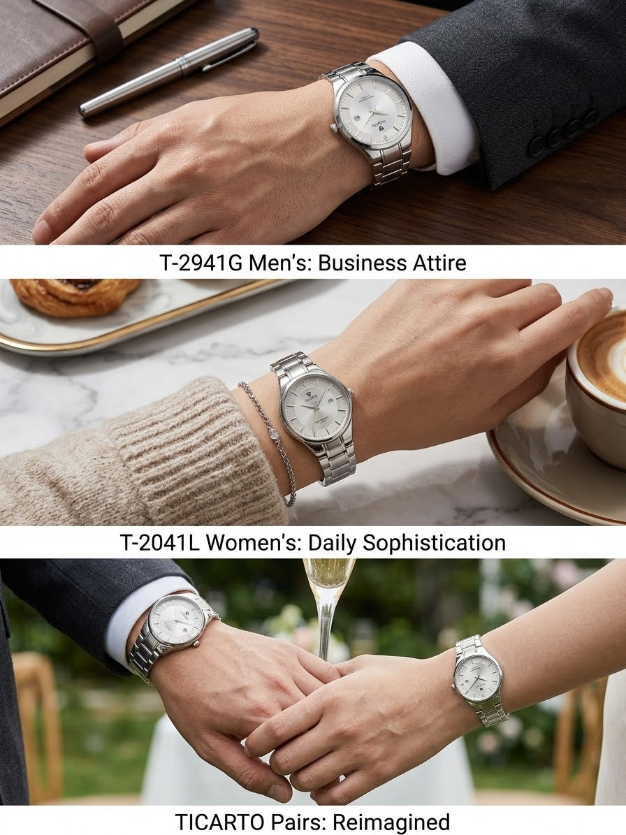 TICARTO His & Hers Matching Couple Watches | Stainless Steel Luxury Pair Set