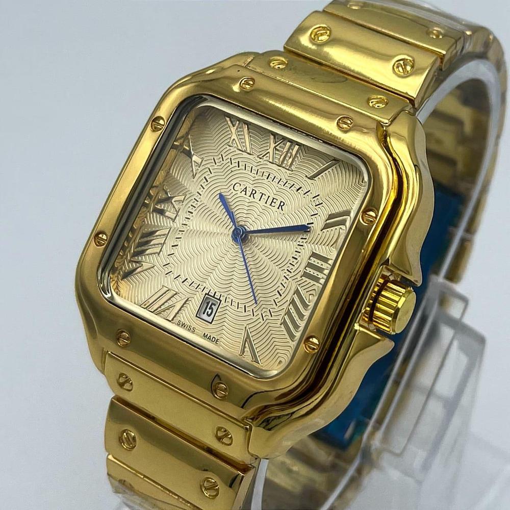 Luxury Gold Stainless Steel Cartier Watch – Square Roman Dial with Date Window