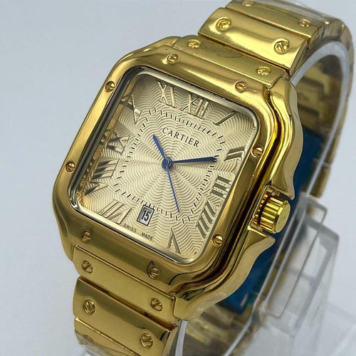 Luxury Gold Stainless Steel Cartier Watch – Square Roman Dial with Date Window