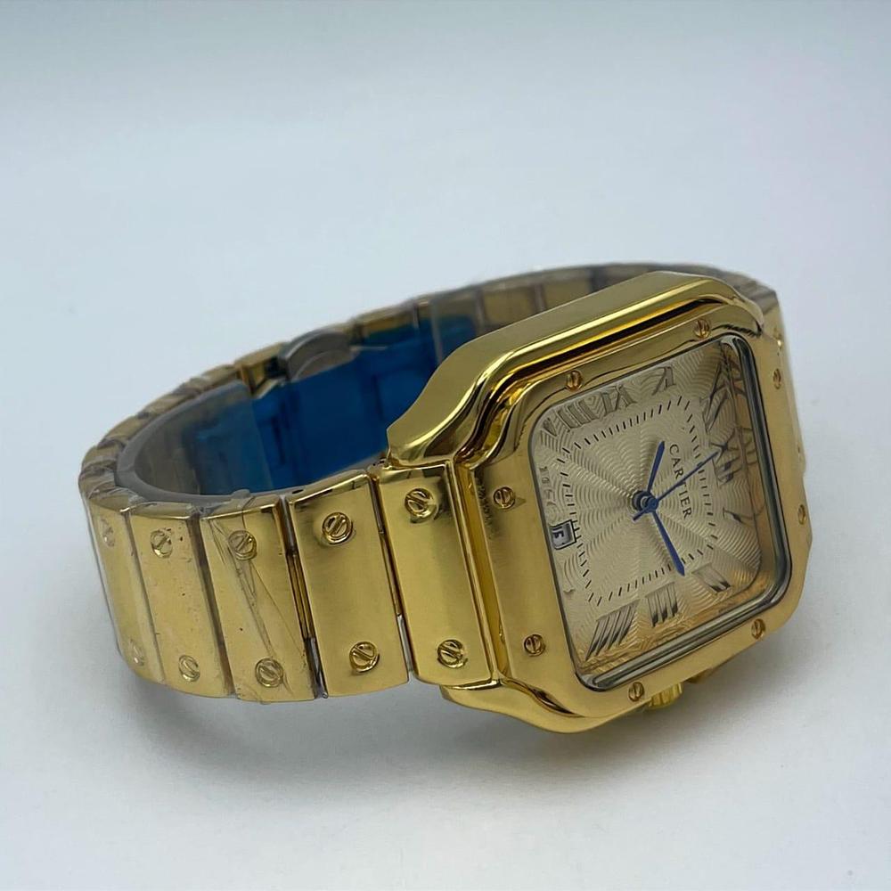 Luxury Gold Stainless Steel Cartier Watch – Square Roman Dial with Date Window