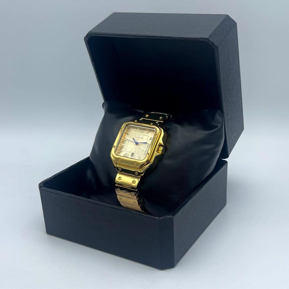 Luxury Gold Stainless Steel Cartier Watch – Square Roman Dial with Date Window