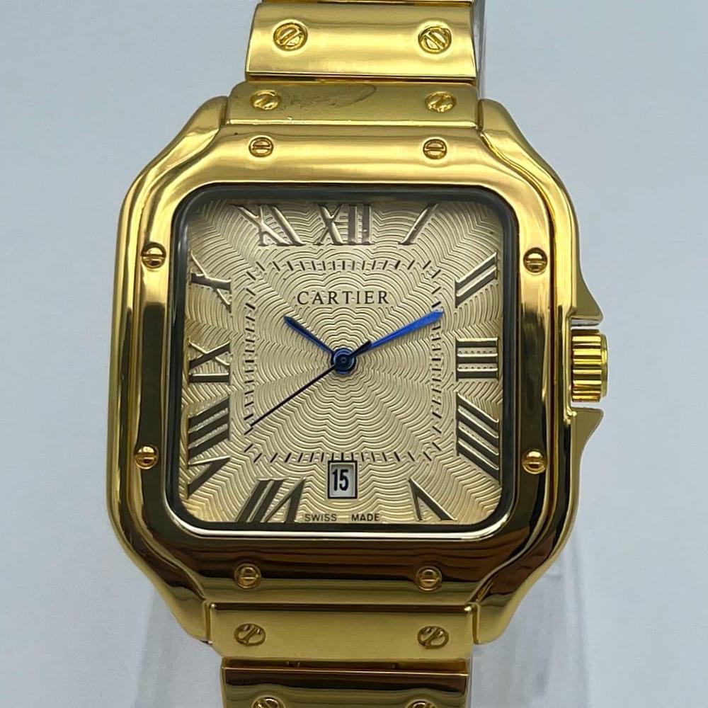 Luxury Gold Stainless Steel Cartier Watch – Square Roman Dial with Date Window