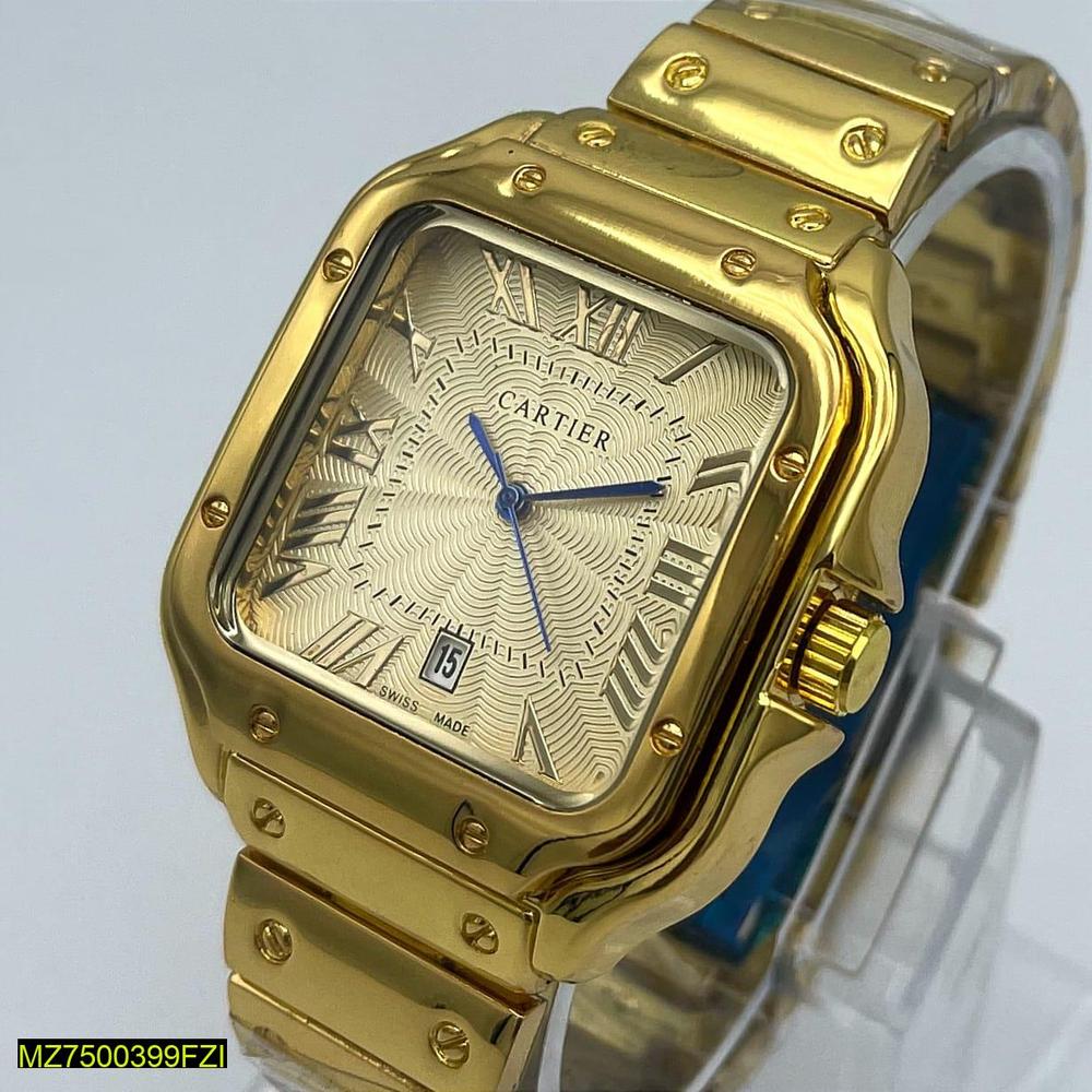 Luxury Gold Stainless Steel Cartier Watch – Square Roman Dial with Date Window