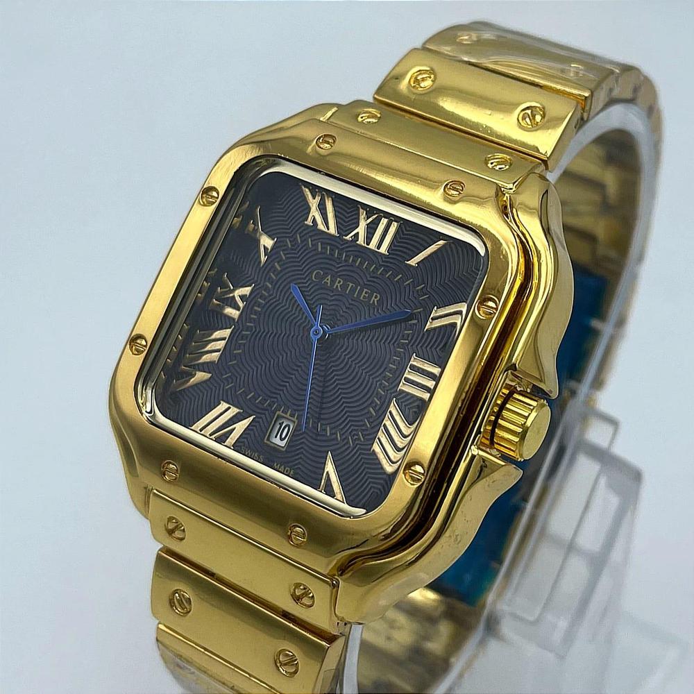 Luxury Gold Stainless Steel Cartier Watch – Square Roman Dial with Date Window
