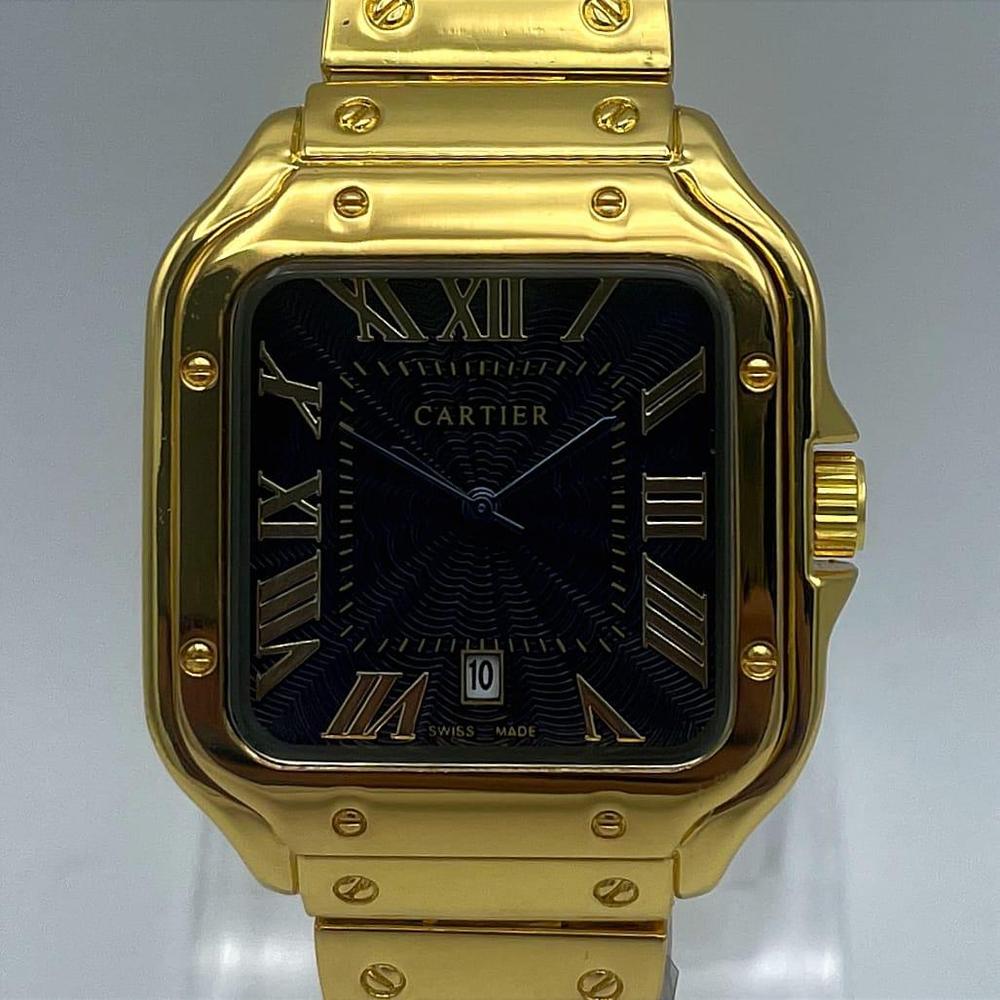 Luxury Gold Stainless Steel Cartier Watch – Square Roman Dial with Date Window