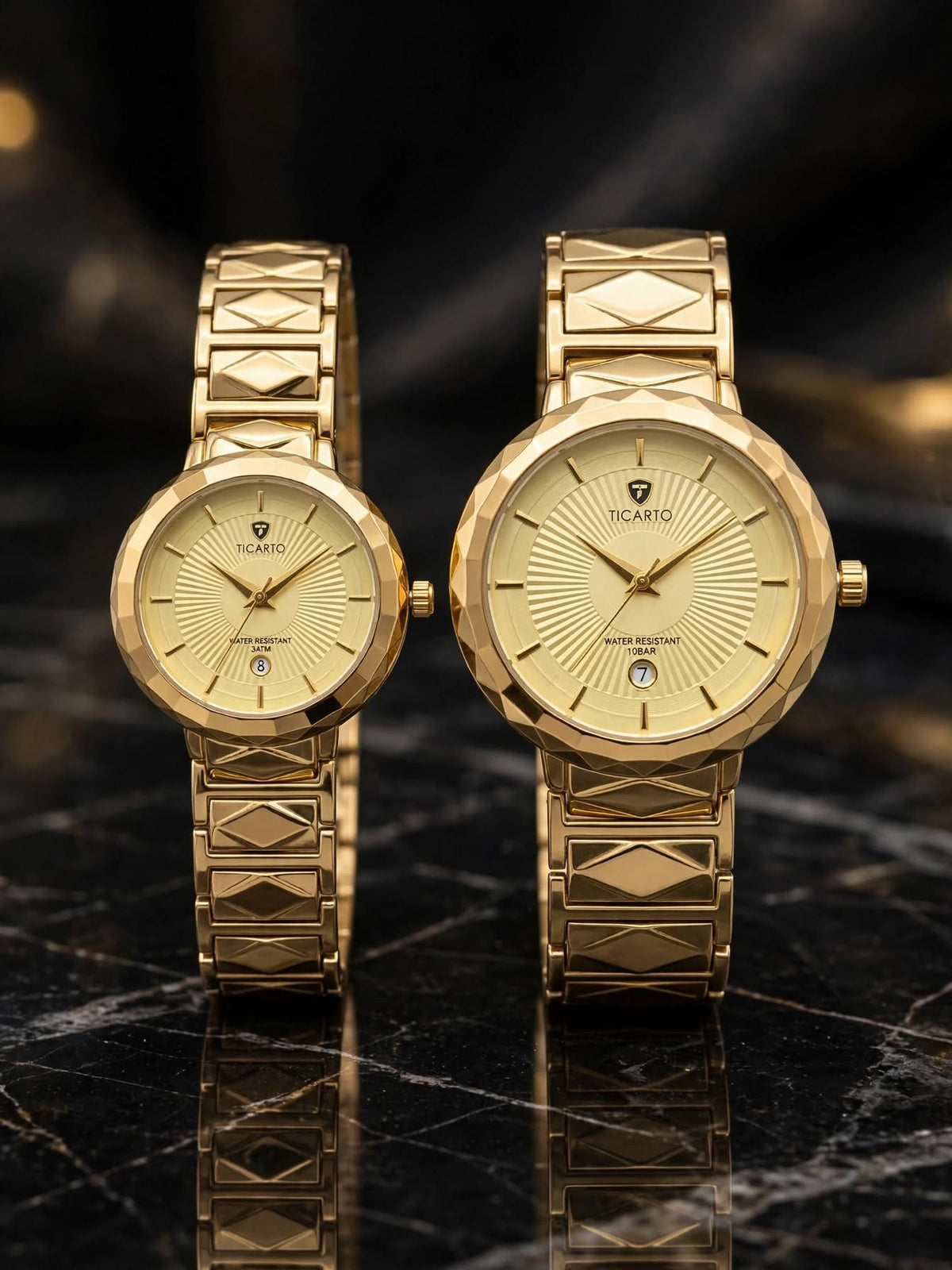 TICARTO Luxury Gold Couple Watch Set – Faceted Bezel & Diamond-Geometric Steel Bracelet
