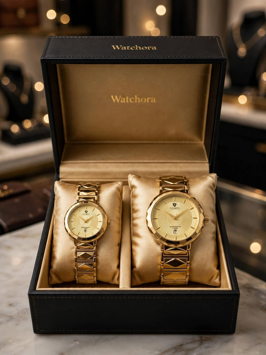 TICARTO Luxury Gold Couple Watch Set – Faceted Bezel & Diamond-Geometric Steel Bracelet