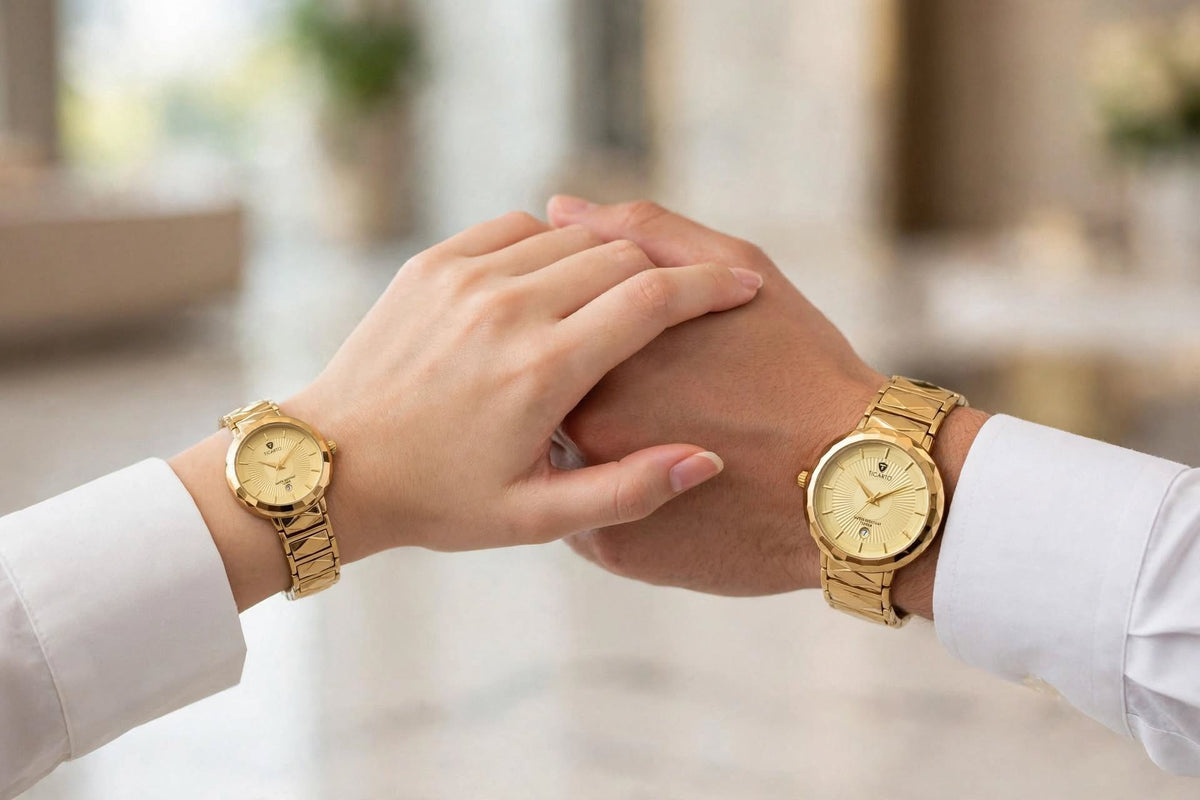 TICARTO Luxury Gold Couple Watch Set – Faceted Bezel & Diamond-Geometric Steel Bracelet