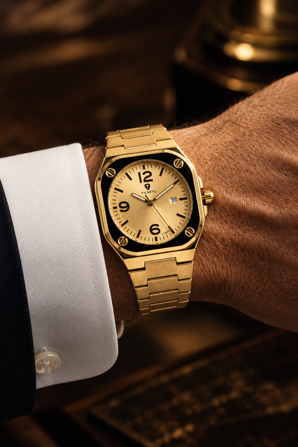 TICARTO Luxury Gold Square Watch for Men - Full Gold Stainless Steel - Date Display - Premium Business Watch