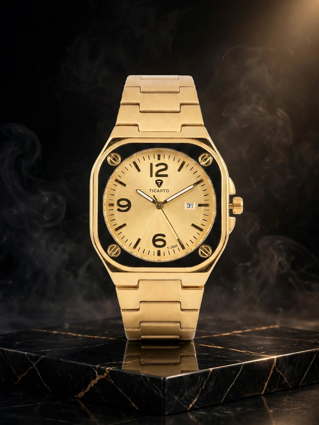 TICARTO Luxury Gold Square Watch for Men - Full Gold Stainless Steel - Date Display - Premium Business Watch
