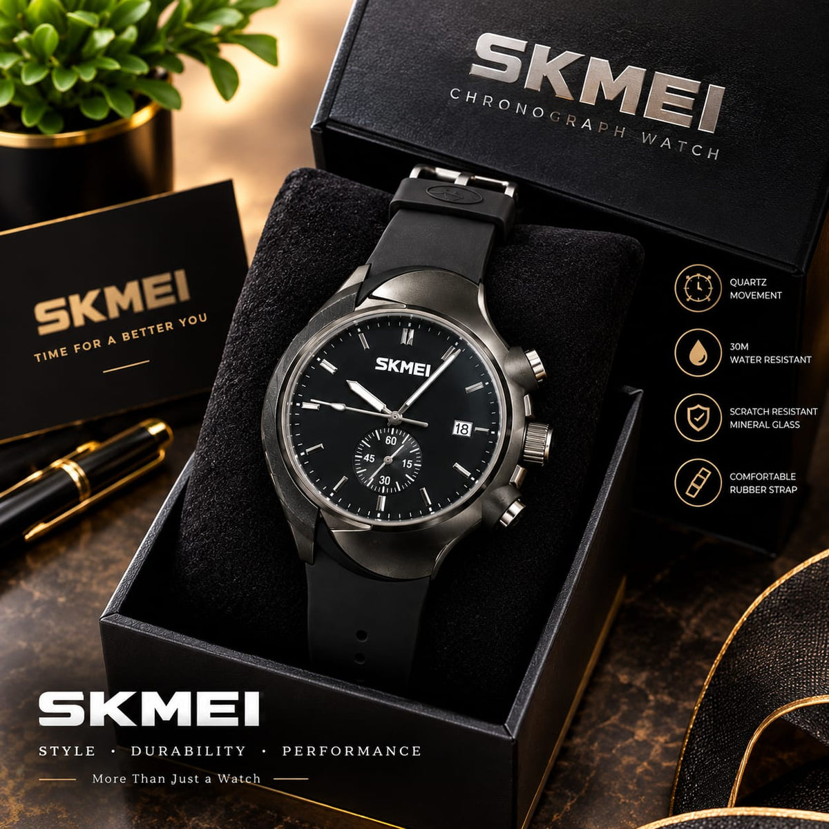 SKMEI Men’s Watch With Box– Stylish & Durable Waterproof Wristwatch