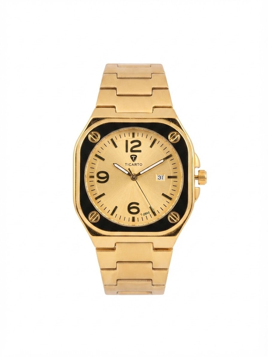 TICARTO Luxury Gold Square Watch for Men - Full Gold Stainless Steel - Date Display - Premium Business Watch