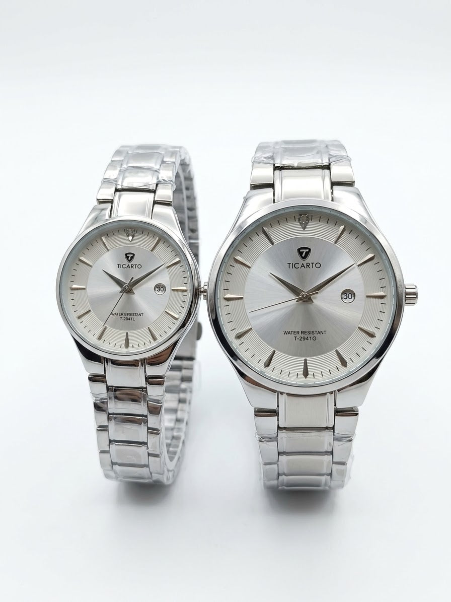 TICARTO His & Hers Matching Couple Watches | Stainless Steel Luxury Pair Set